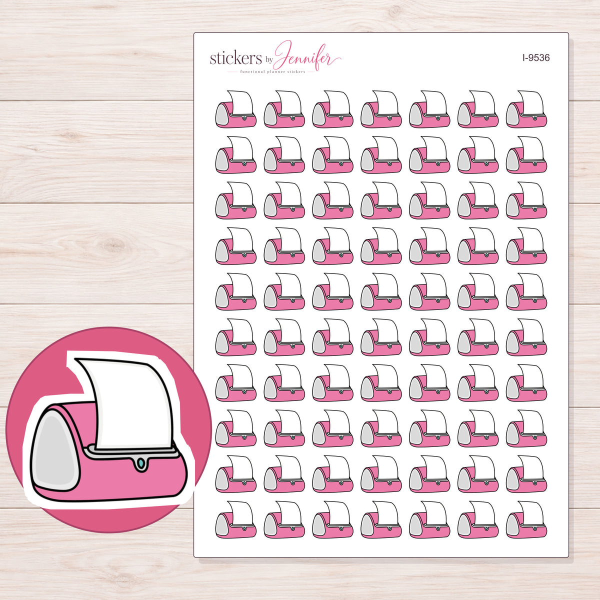 Pink Label Printer Planner Stickers | I-9536 — 5 × 7 inch sheet and enlarged sticker detail