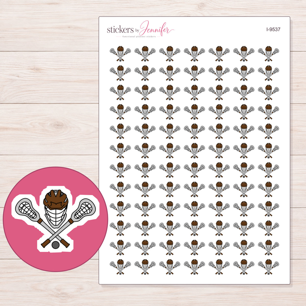 Lacrosse Sticks and Helmet Planner Stickers | I-9537 — 5 × 7 inch sheet and enlarged sticker detail