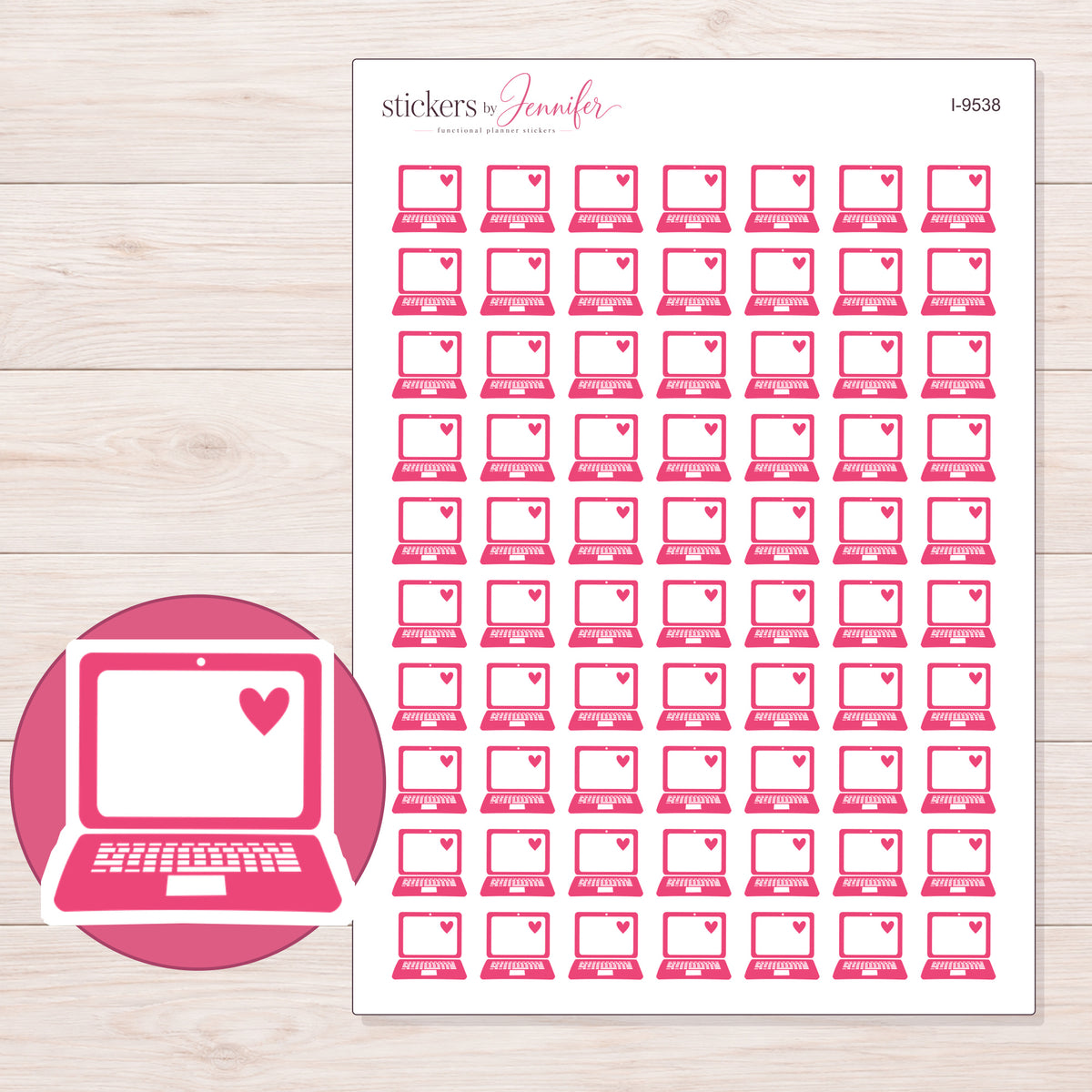 Pink Heart Laptop Planner Stickers | I-9538 — 5 × 7 inch sheet and enlarged sticker detail