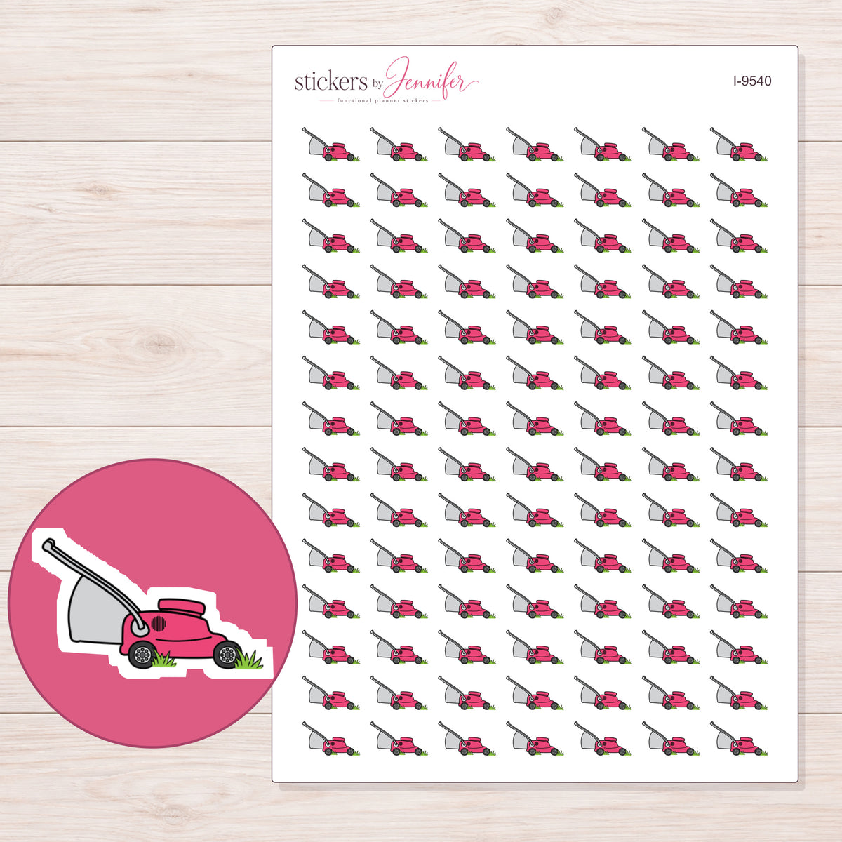Pink Lawn Mower Planner Stickers | I-9540 — 5 × 7 inch sheet and enlarged sticker detail