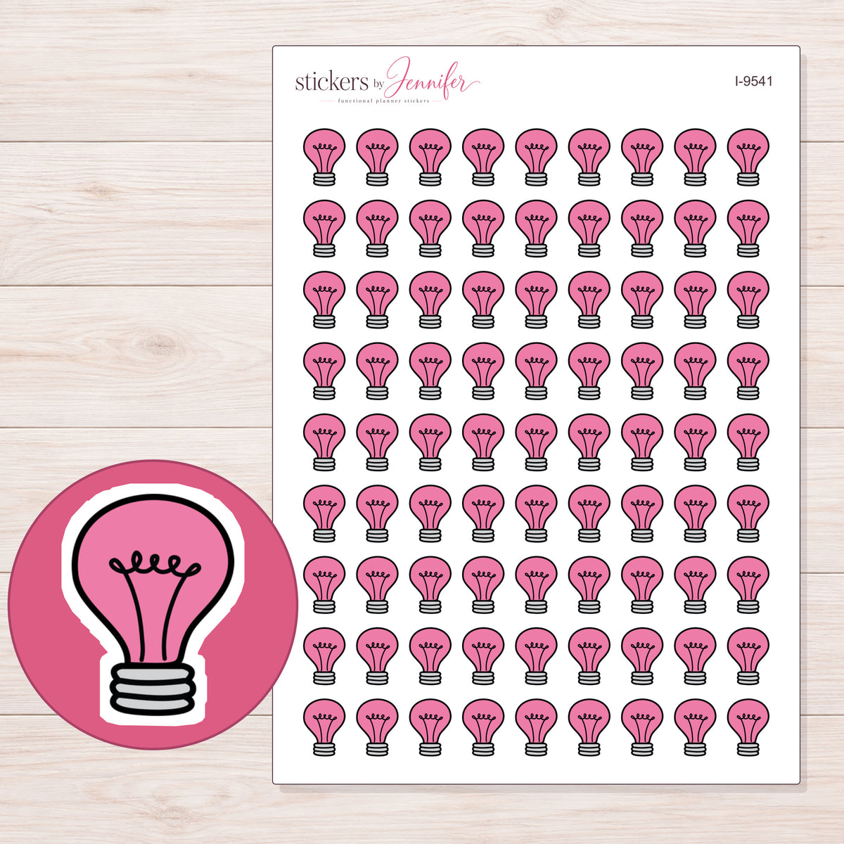 Pink Light Bulb Planner Stickers | I-9541 — 5 × 7 inch sheet and enlarged sticker detail