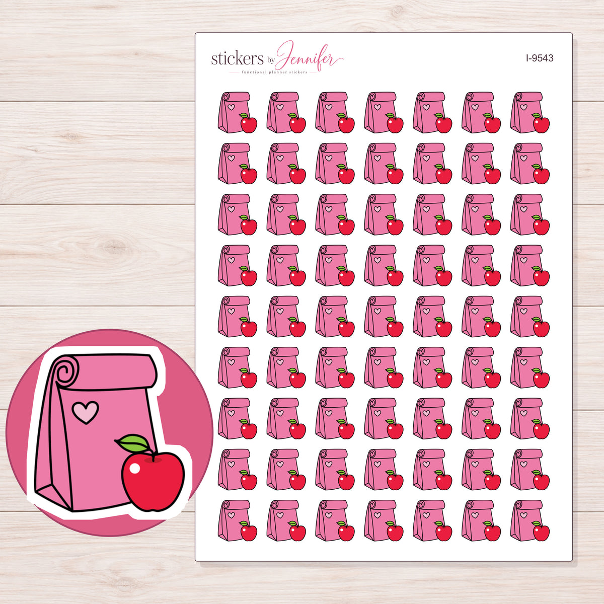Pink Lunch Bag and Apple Planner Stickers | I-9543 — 5 × 7 inch sheet and enlarged sticker detail