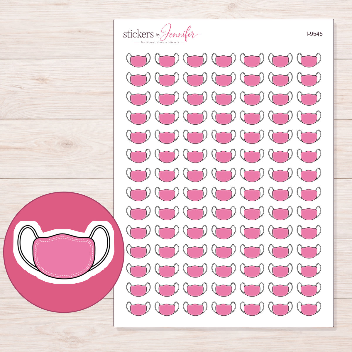 Pink Face Mask Planner Stickers | I-9545 — 5 × 7 inch sheet and enlarged sticker detail