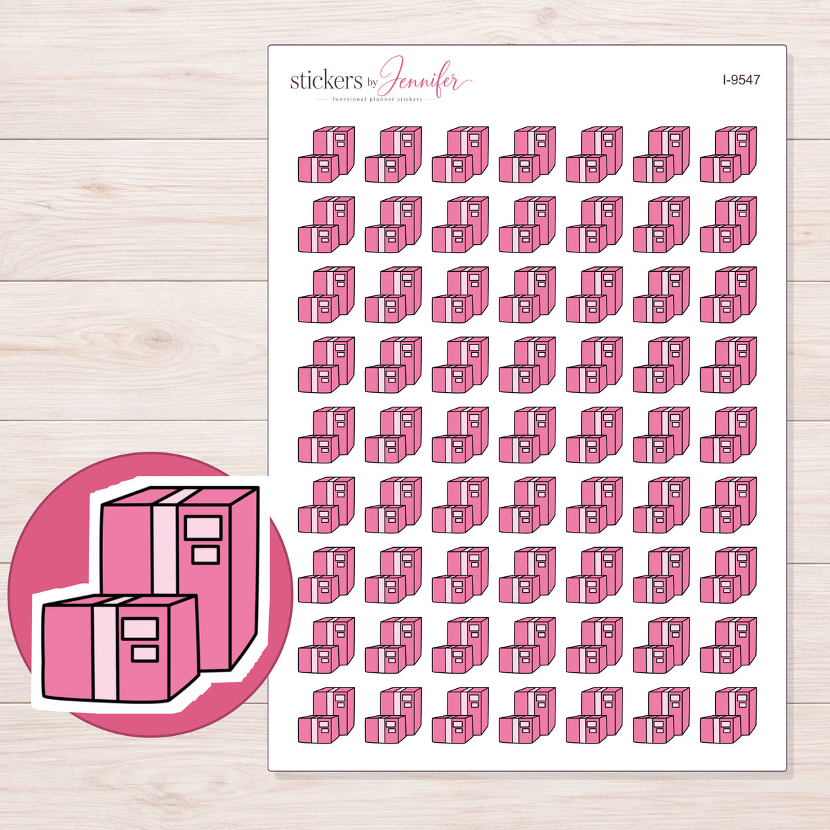 Pink Parcel Boxes Planner Stickers | I-9547 — 5 × 7 inch sheet and enlarged sticker detail