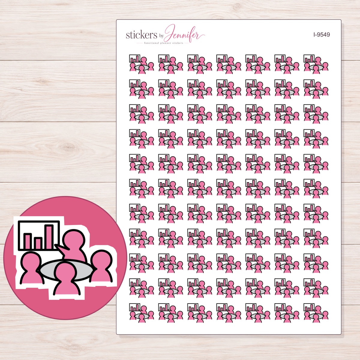 Pink Meeting Presentation Planner Stickers | I-9549 — 5 × 7 inch sheet and enlarged sticker detail
