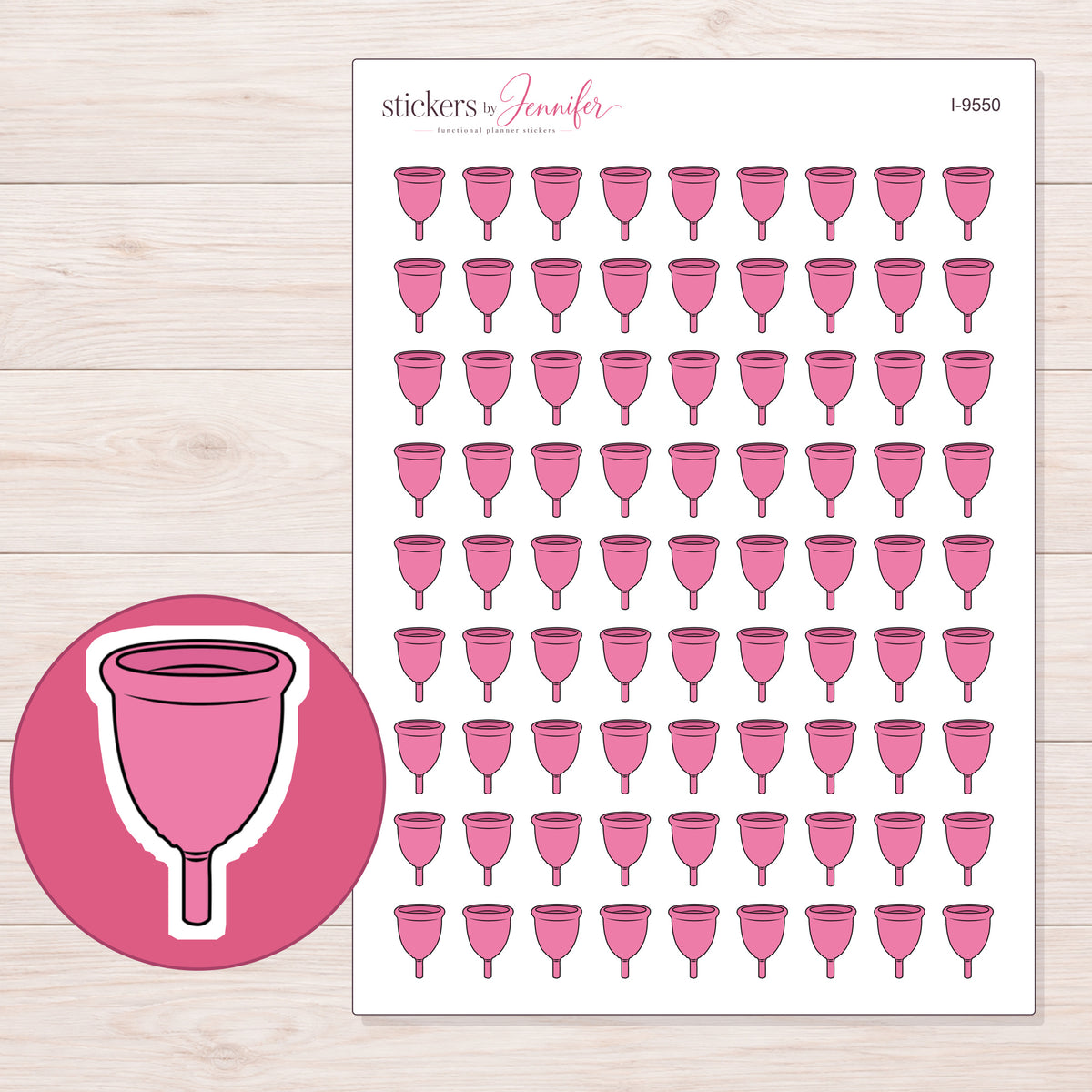Pink Menstrual Cup Planner Stickers | I-9550 — 5 × 7 inch sheet and enlarged sticker detail