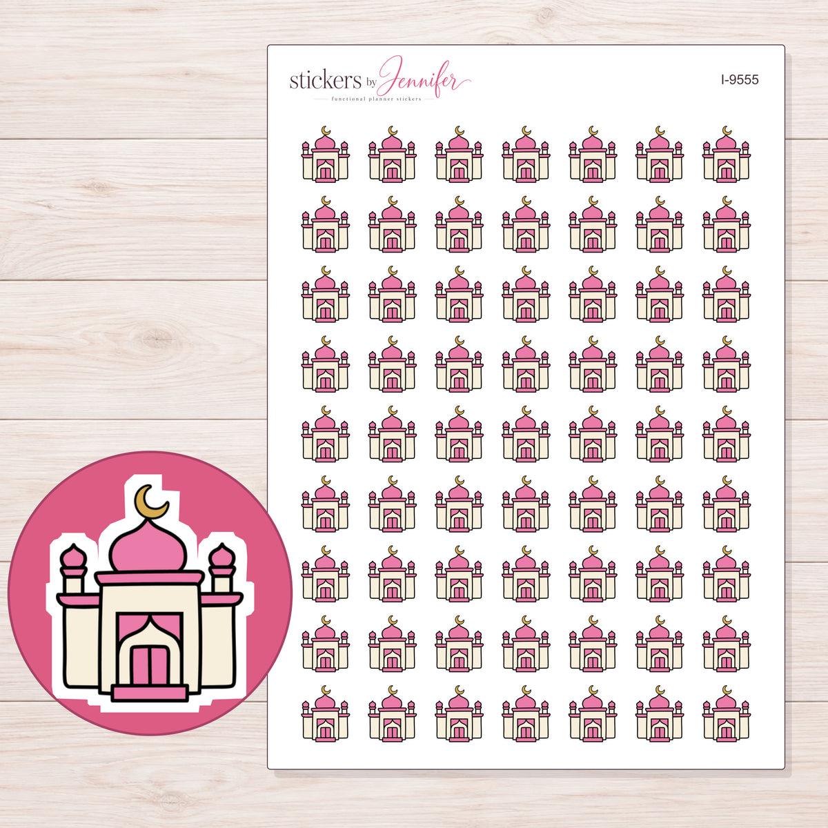 Pink Dome Mosque Planner Stickers | I-9555 — 5 × 7 inch sheet and enlarged sticker detail