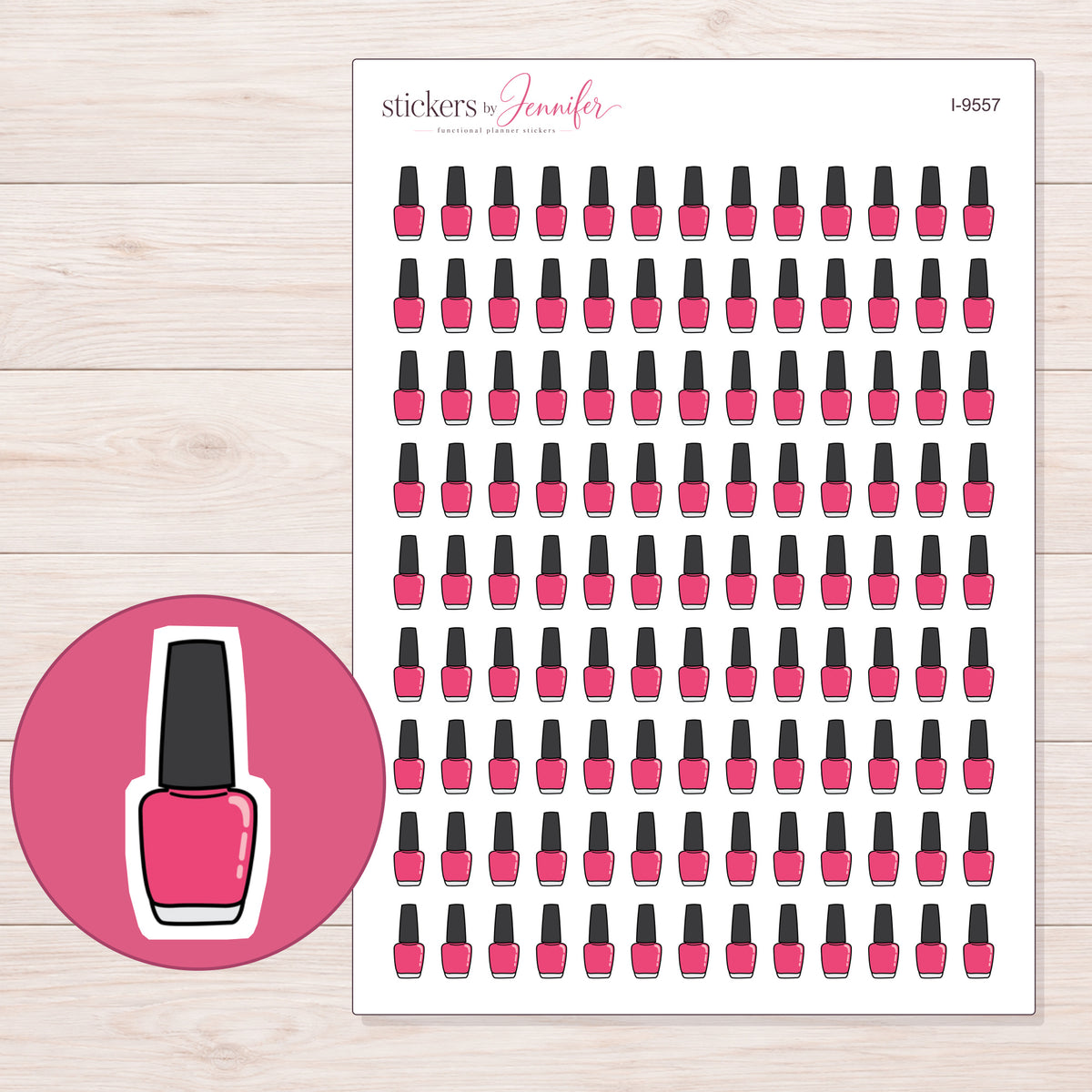 Pink Nail Polish Bottle Planner Stickers | I-9557 — 5 × 7 inch sheet and enlarged sticker detail