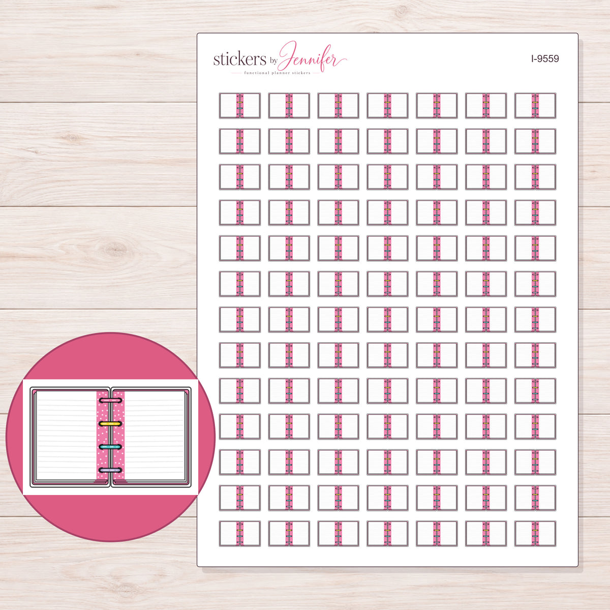Open Pink Lined Notebook Planner Stickers | I-9559 — 5 × 7 inch sheet and enlarged sticker detail