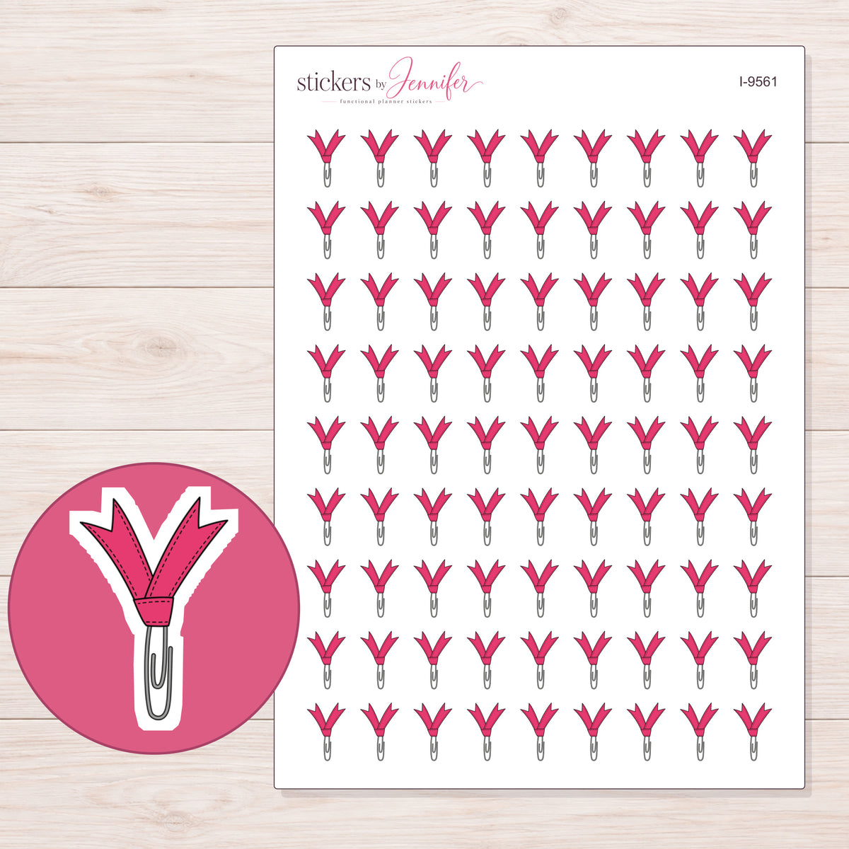 Pink Ribbon Paper Clip Planner Stickers | I-9561 — 5 × 7 inch sheet and enlarged sticker detail