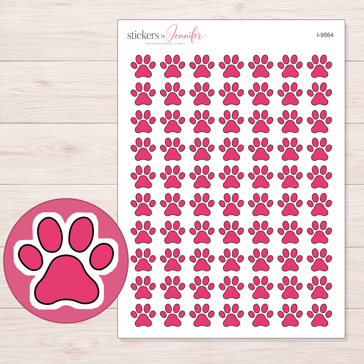 Pink Solid Paw Print Planner Stickers | I-9564 — 5 × 7 inch sheet and enlarged sticker detail