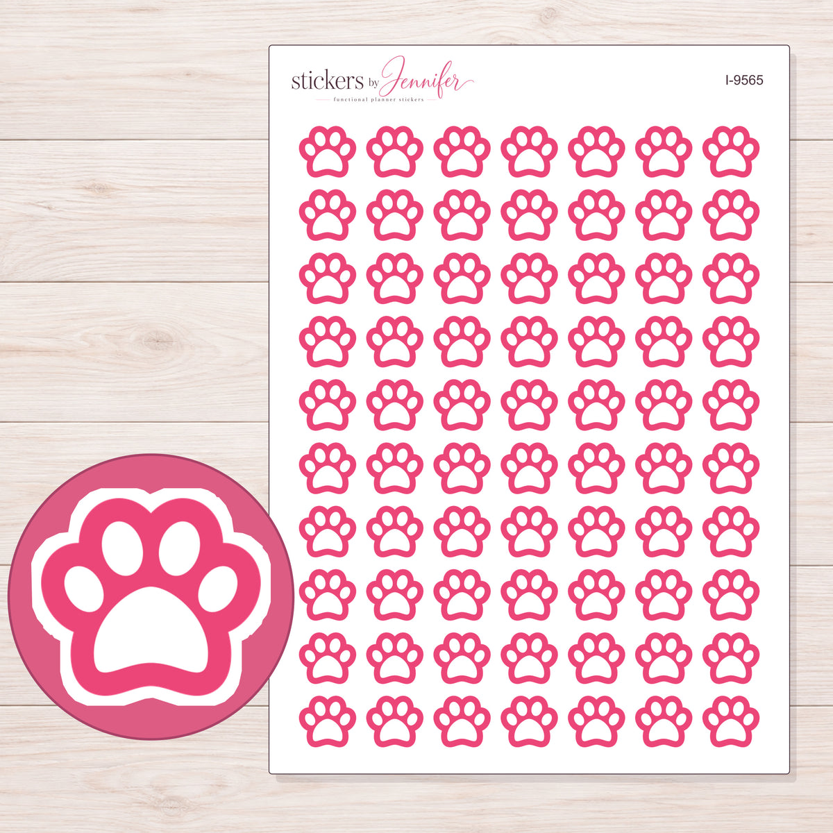 Pink Outline Paw Print Planner Stickers | I-9565 — 5 × 7 inch sheet and enlarged sticker detail