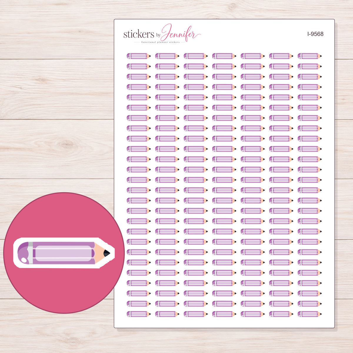 Lavender Pencil Planner Stickers | I-9568 — 5 × 7 inch sheet and enlarged sticker detail