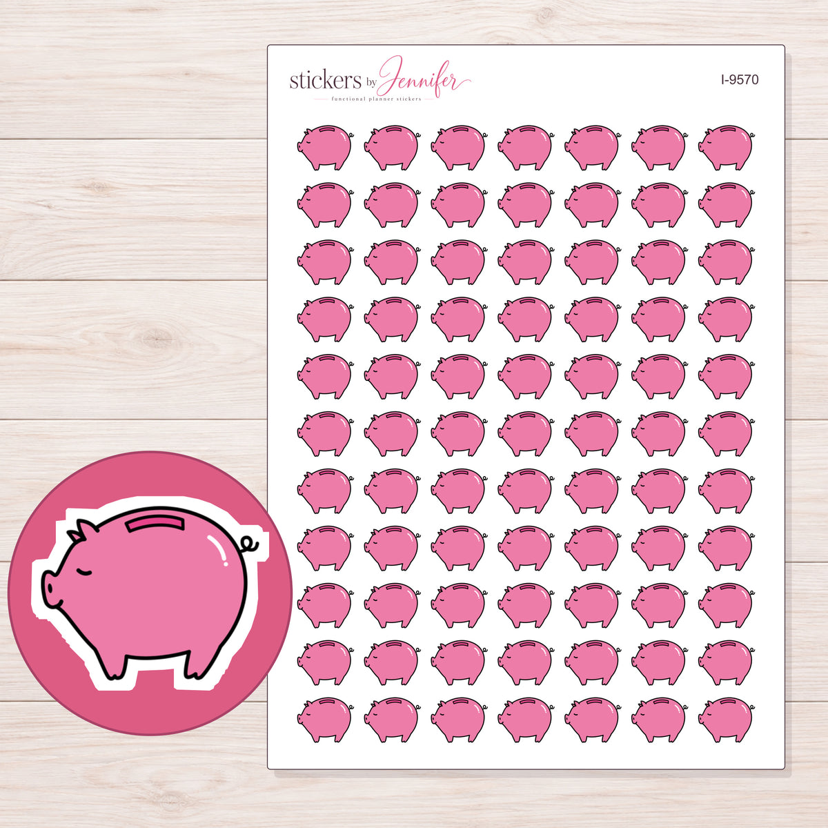 Pink Piggy Bank Planner Stickers | I-9570 — 5 × 7 inch sheet and enlarged sticker detail