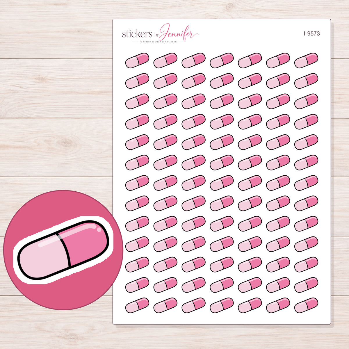 Pink Capsule Planner Stickers | I-9573 — 5 × 7 inch sheet and enlarged sticker detail