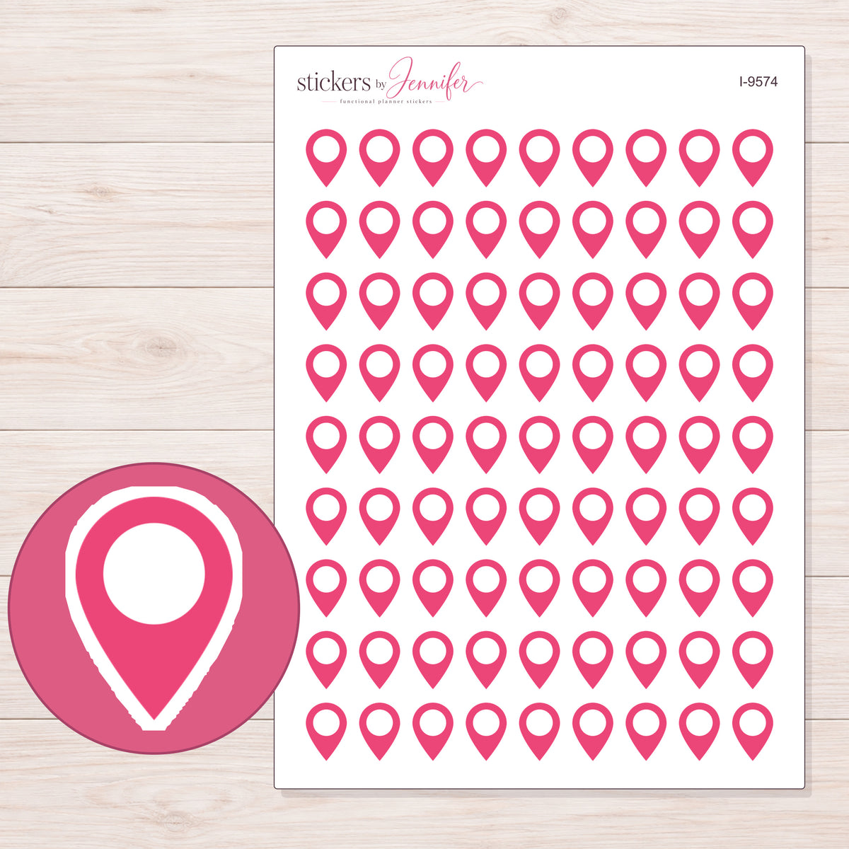 Pink Location Pin Planner Stickers | I-9574 — 5 × 7 inch sheet and enlarged sticker detail