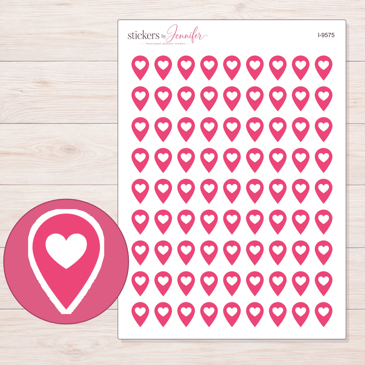 Pink Heart Location Pin Planner Stickers | I-9575 — 5 × 7 inch sheet and enlarged sticker detail