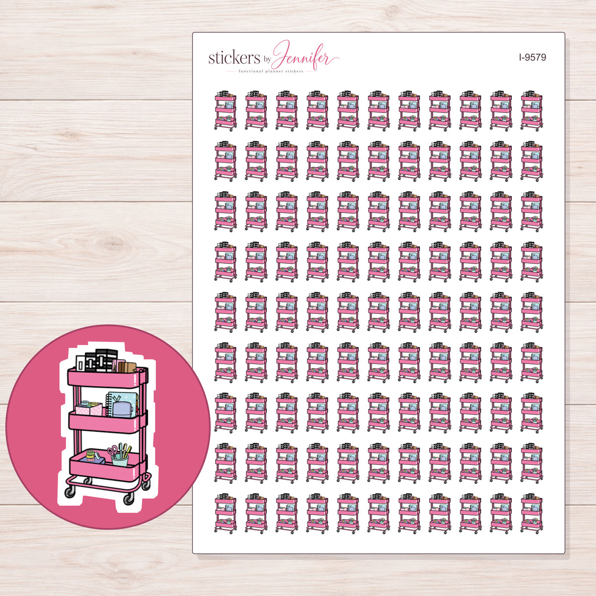 Pink Planner Supply Cart Planner Stickers | I-9579 — 5 × 7 inch sheet and enlarged sticker detail