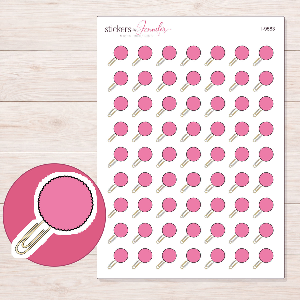 Pink Pom Pom Paper Clip Planner Stickers | I-9583 — 5 × 7 inch sheet and enlarged sticker detail