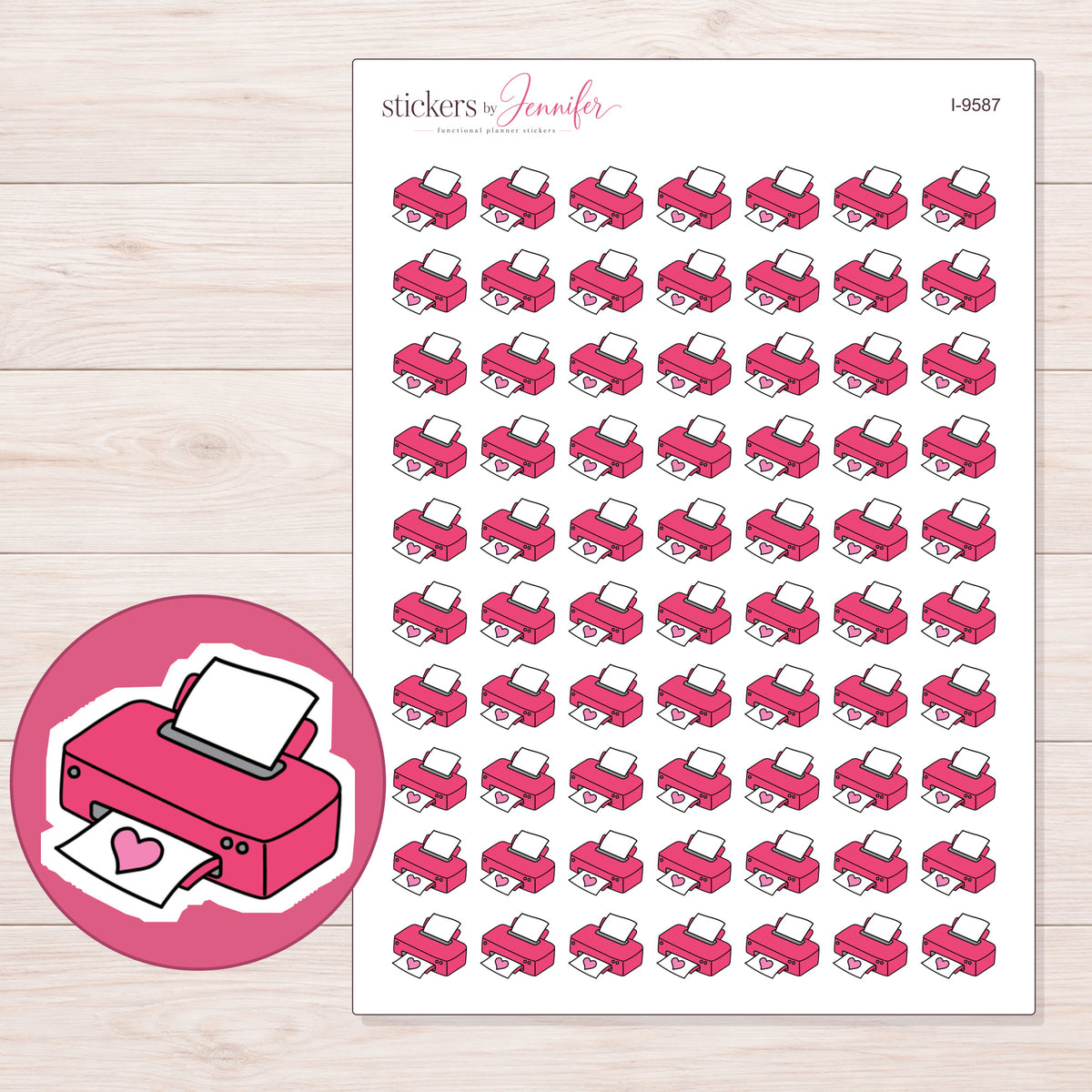 Pink Heart Printer Planner Stickers | I-9587 — 5 × 7 inch sheet and enlarged sticker detail