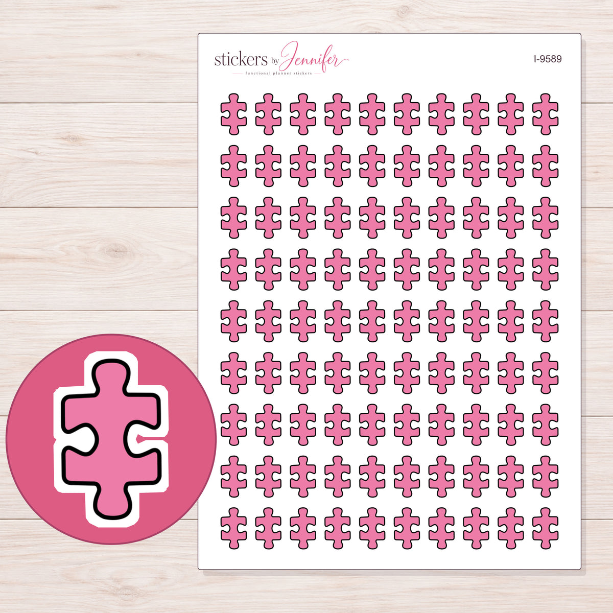 Pink Puzzle Piece Planner Stickers | I-9589 — 5 × 7 inch sheet and enlarged sticker detail