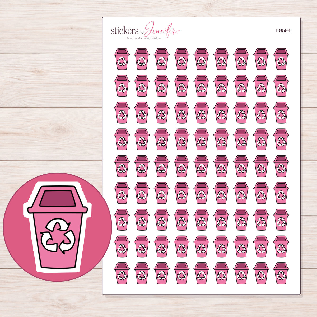 Pink Recycling Bin Planner Stickers | I-9594 — 5 × 7 inch sheet and enlarged sticker detail