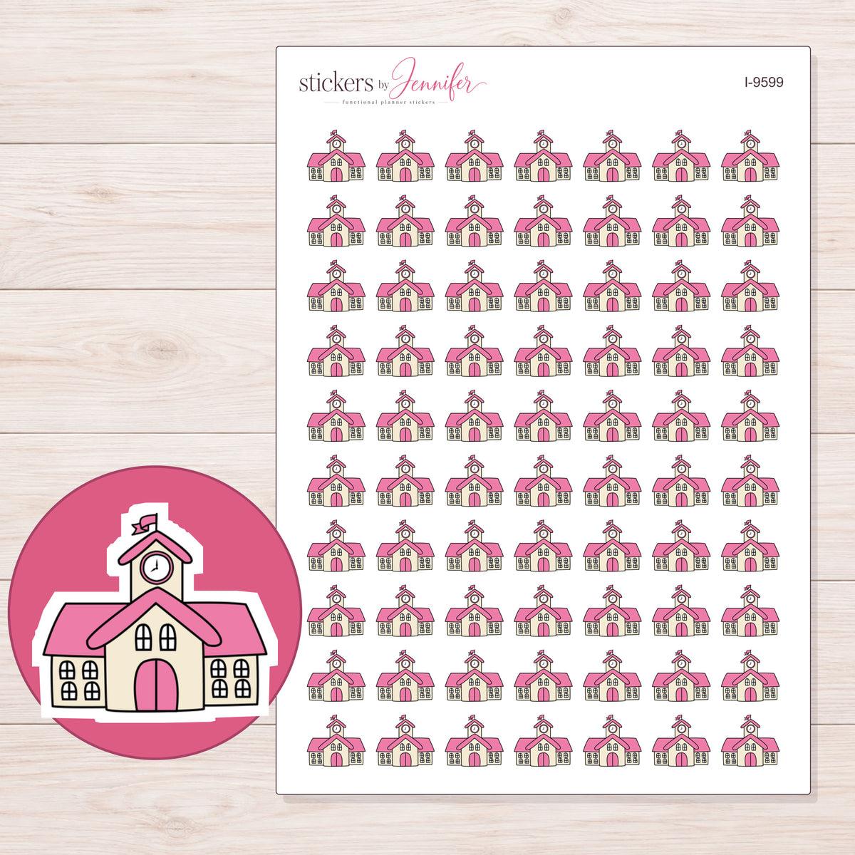 Pink School Building Planner Stickers | I-9599 — 5 × 7 inch sheet and enlarged sticker detail