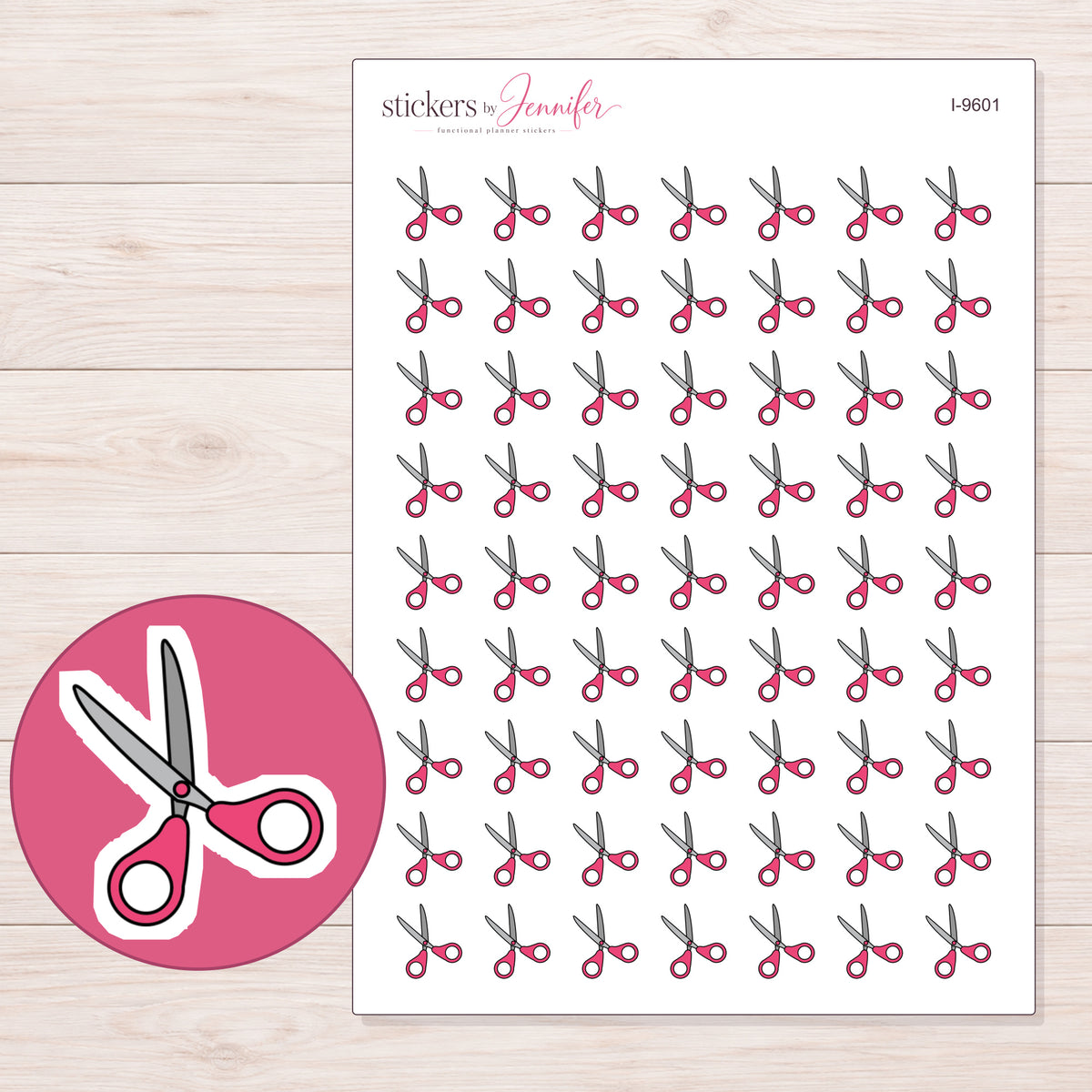 Pink Handle Scissors Planner Stickers | I-9601 — 5 × 7 inch sheet and enlarged sticker detail
