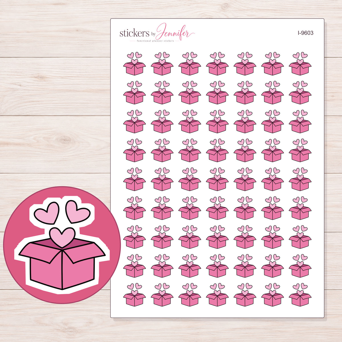 Pink Parcel with Hearts Planner Stickers | I-9603 — 5 × 7 inch sheet and enlarged sticker detail