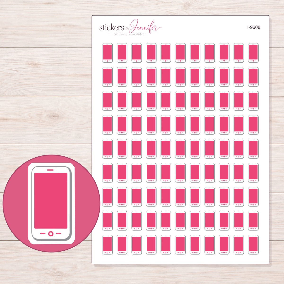 White Phone with Pink Screen Planner Stickers | I-9608 — 5 × 7 inch sheet and enlarged sticker detail