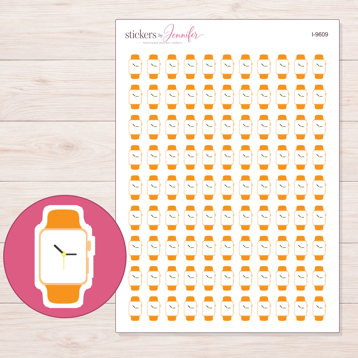 Orange Watch with White Face Planner Stickers | I-9609 — 5 × 7 inch sheet and enlarged sticker detail
