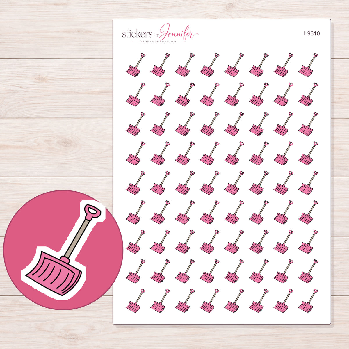 Pink Snow Shovel Planner Stickers | I-9610 — 5 × 7 inch sheet and enlarged sticker detail