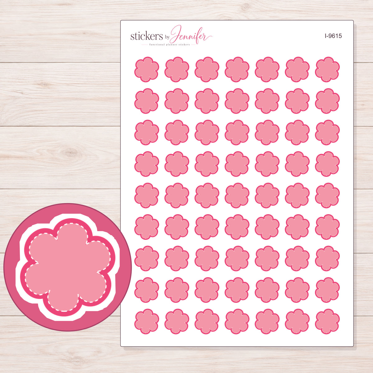 Pink Stitched Flower Planner Stickers | I-9615 — 5 × 7 inch sheet and enlarged sticker detail