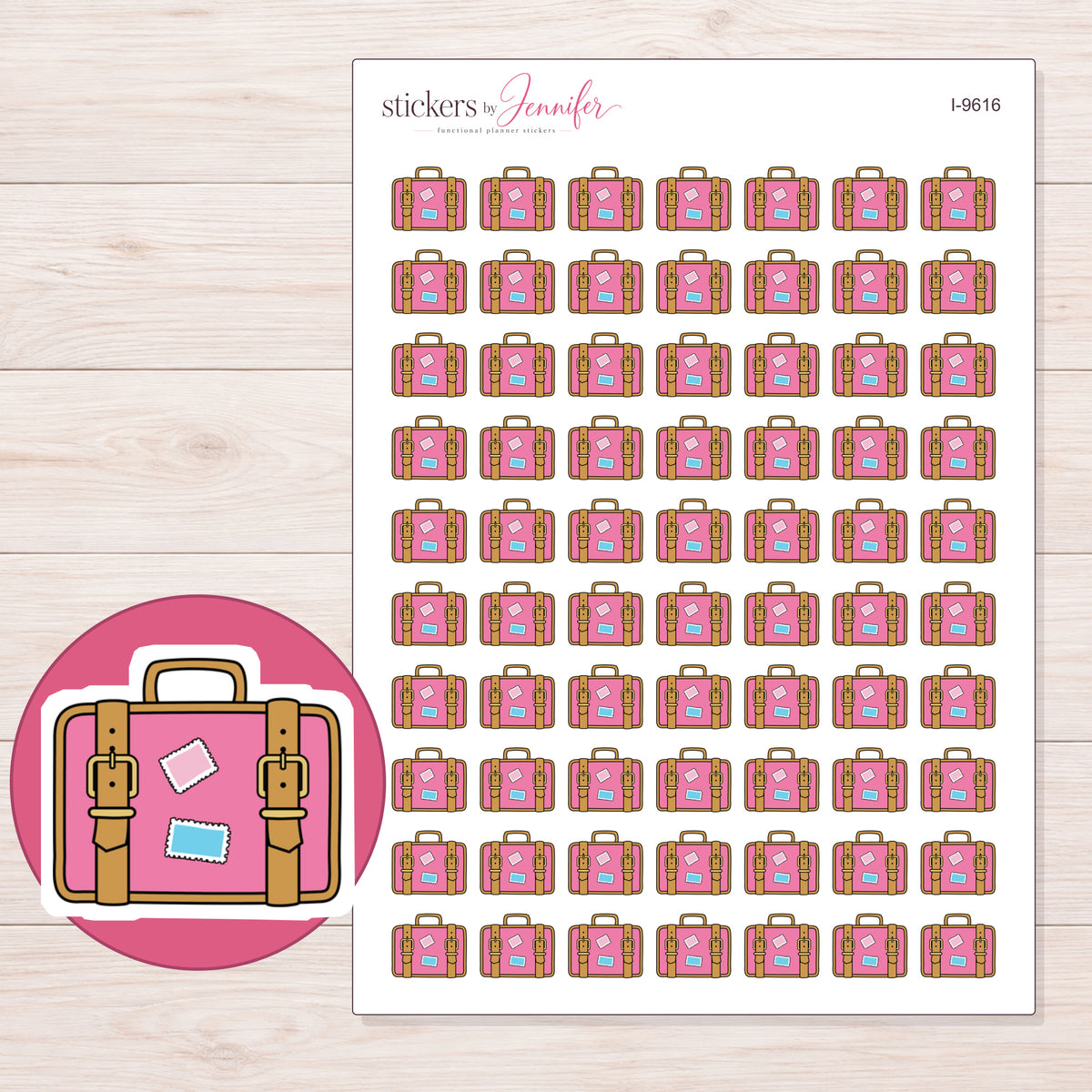 Pink Travel Suitcase Planner Stickers | I-9616 — 5 × 7 inch sheet and enlarged sticker detail