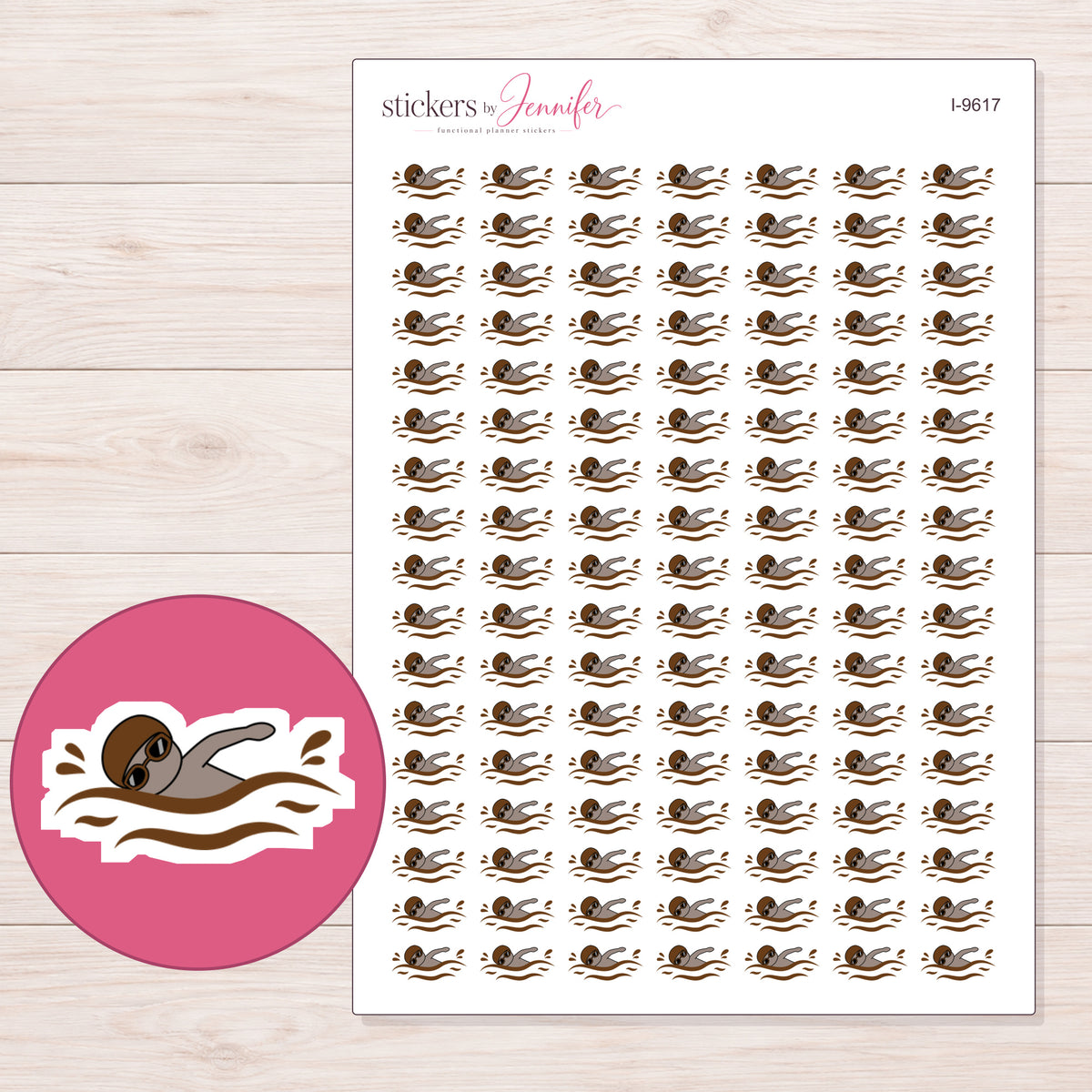 Swimmer with Brown Cap Planner Stickers | I-9617 — 5 × 7 inch sheet and enlarged sticker detail