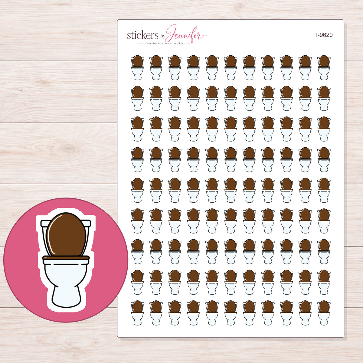 White Toilet with Brown Seat Planner Stickers | I-9620 — 5 × 7 inch sheet and enlarged sticker detail
