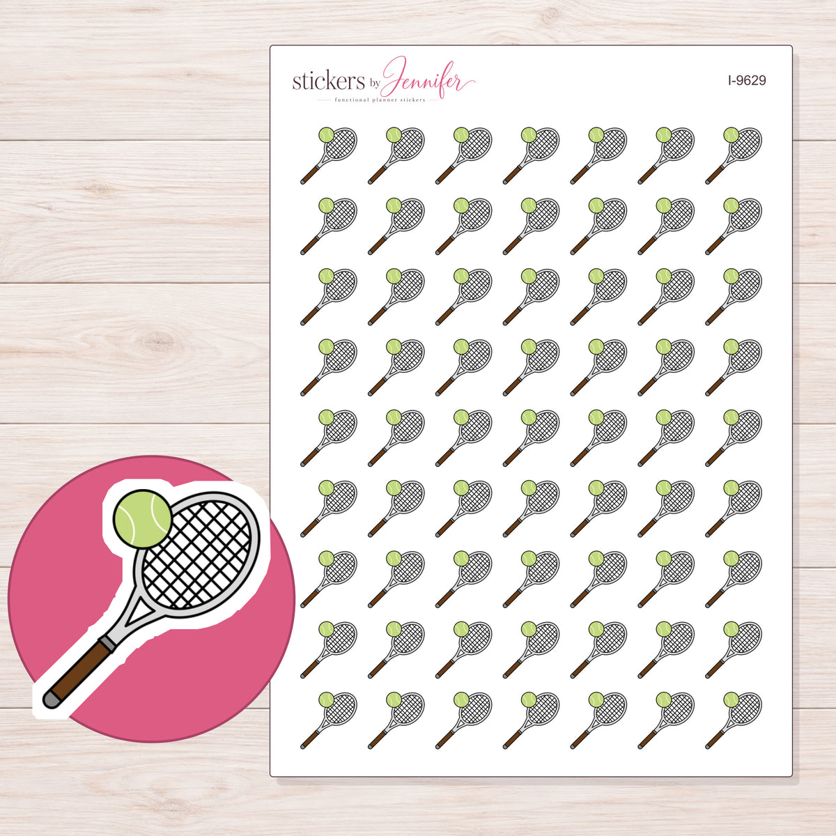 Tennis Racket and Green Ball Planner Stickers | I-9629 — 5 × 7 inch sheet and enlarged sticker detail