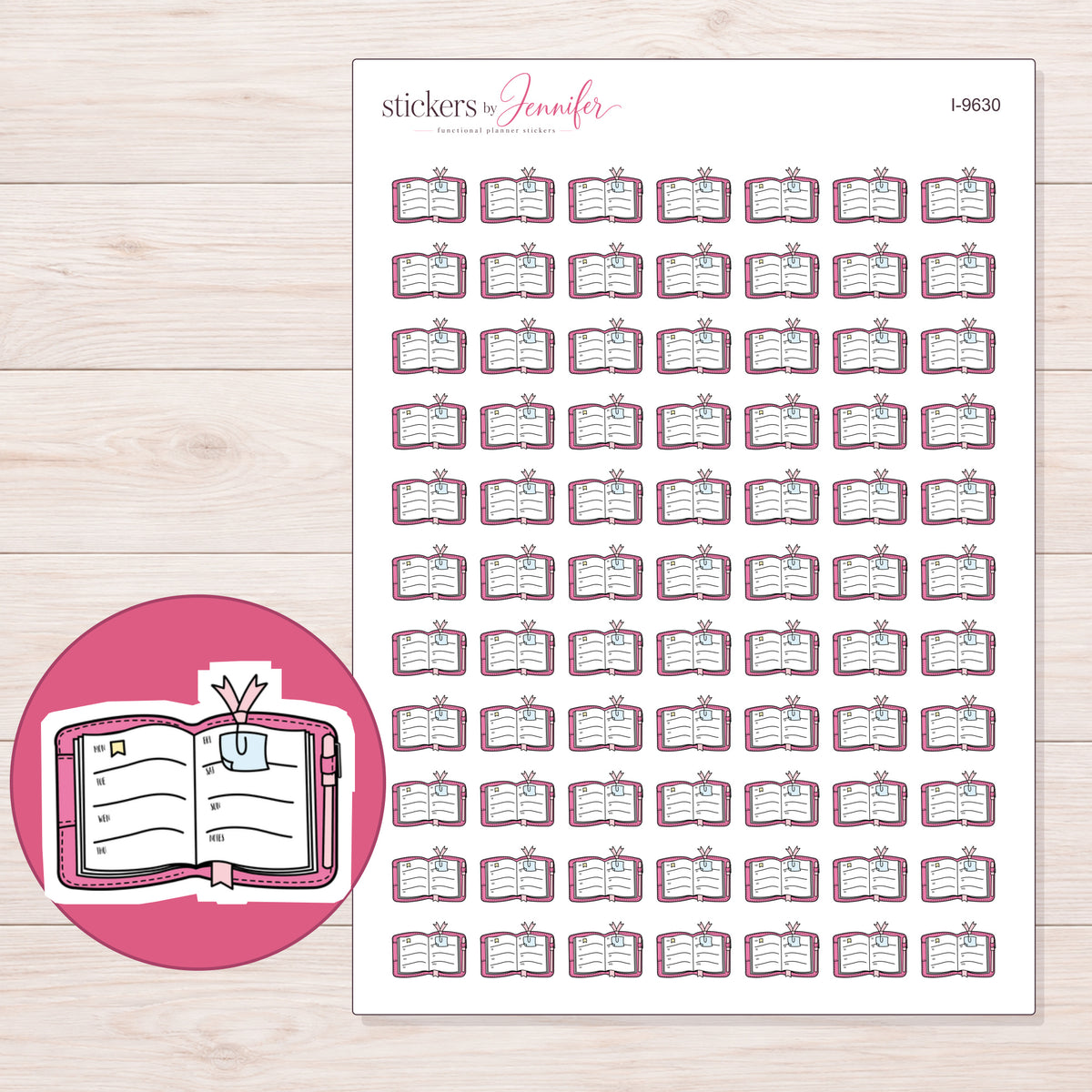 Open Planner with Ribbon Clip Planner Stickers | I-9630 — 5 × 7 inch sheet and enlarged sticker detail