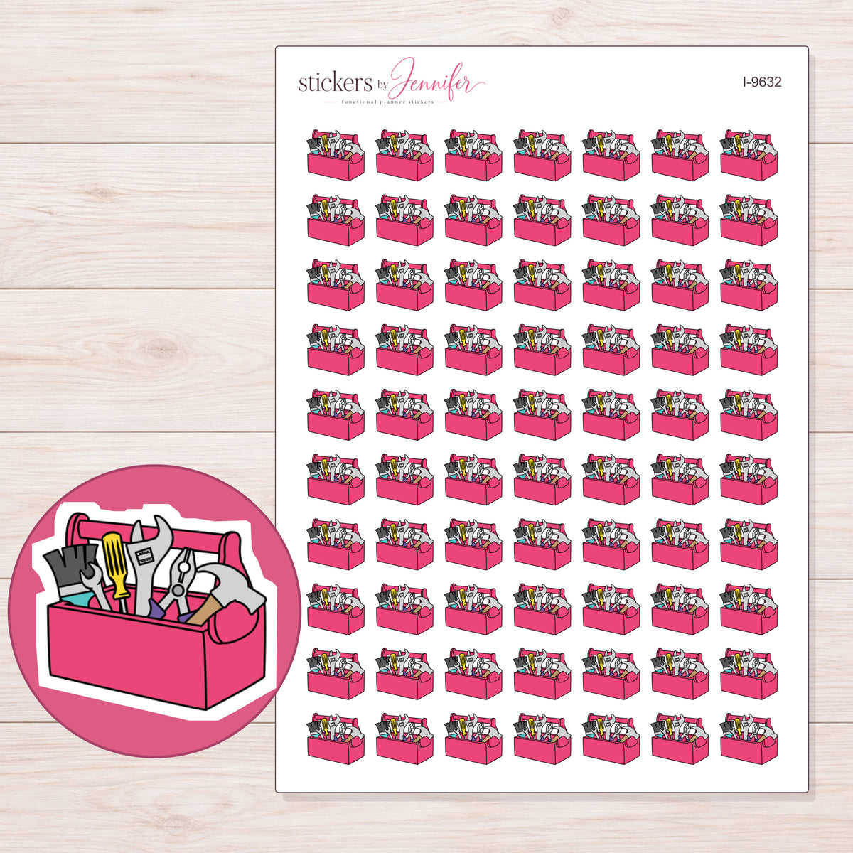 Pink Toolbox Planner Stickers | I-9632 — 5 × 7 inch sheet and enlarged sticker detail