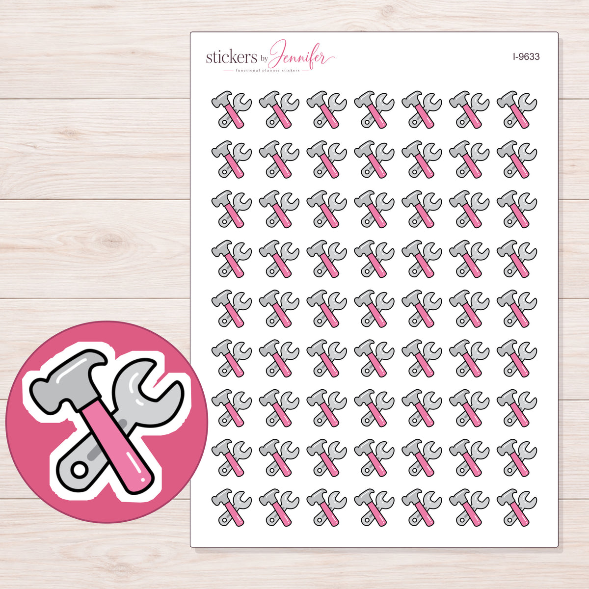 Pink Hammer and Wrench Planner Stickers | I-9633 — 5 × 7 inch sheet and enlarged sticker detail