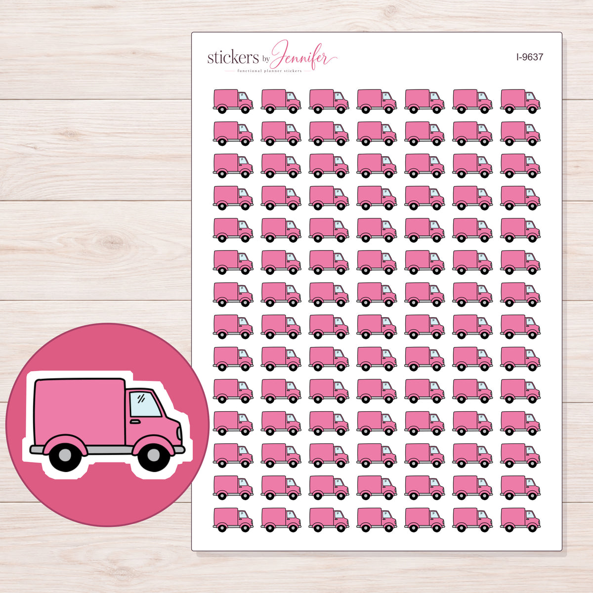Pink Delivery Truck Planner Stickers | I-9637 — 5 × 7 inch sheet and enlarged sticker detail