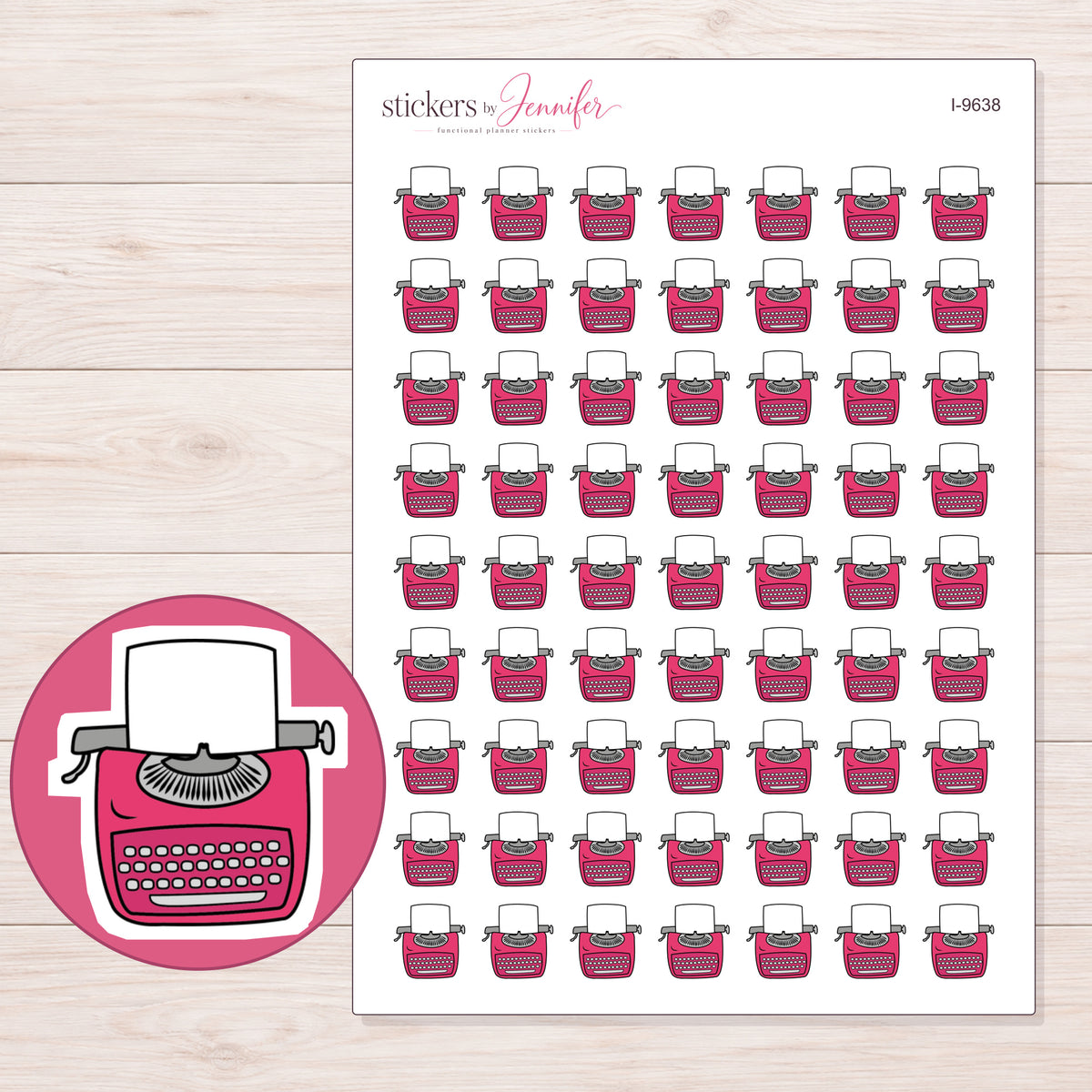 Pink Typewriter Planner Stickers | I-9638 — 5 × 7 inch sheet and enlarged sticker detail