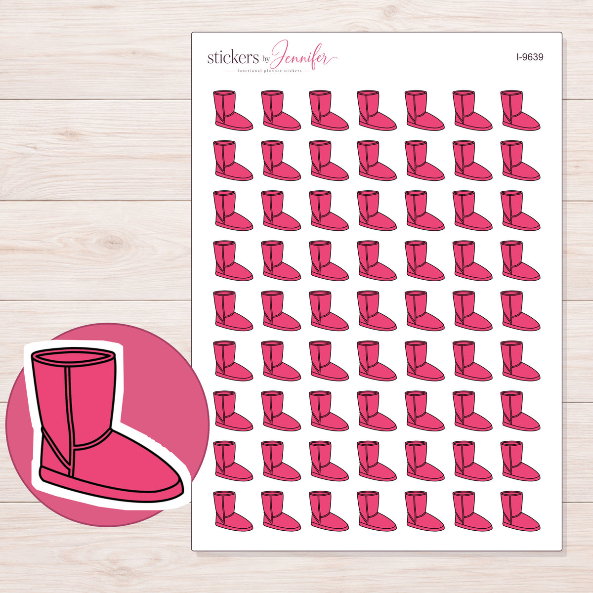 Pink Cozy Boot Planner Stickers | I-9639 — 5 × 7 inch sheet and enlarged sticker detail