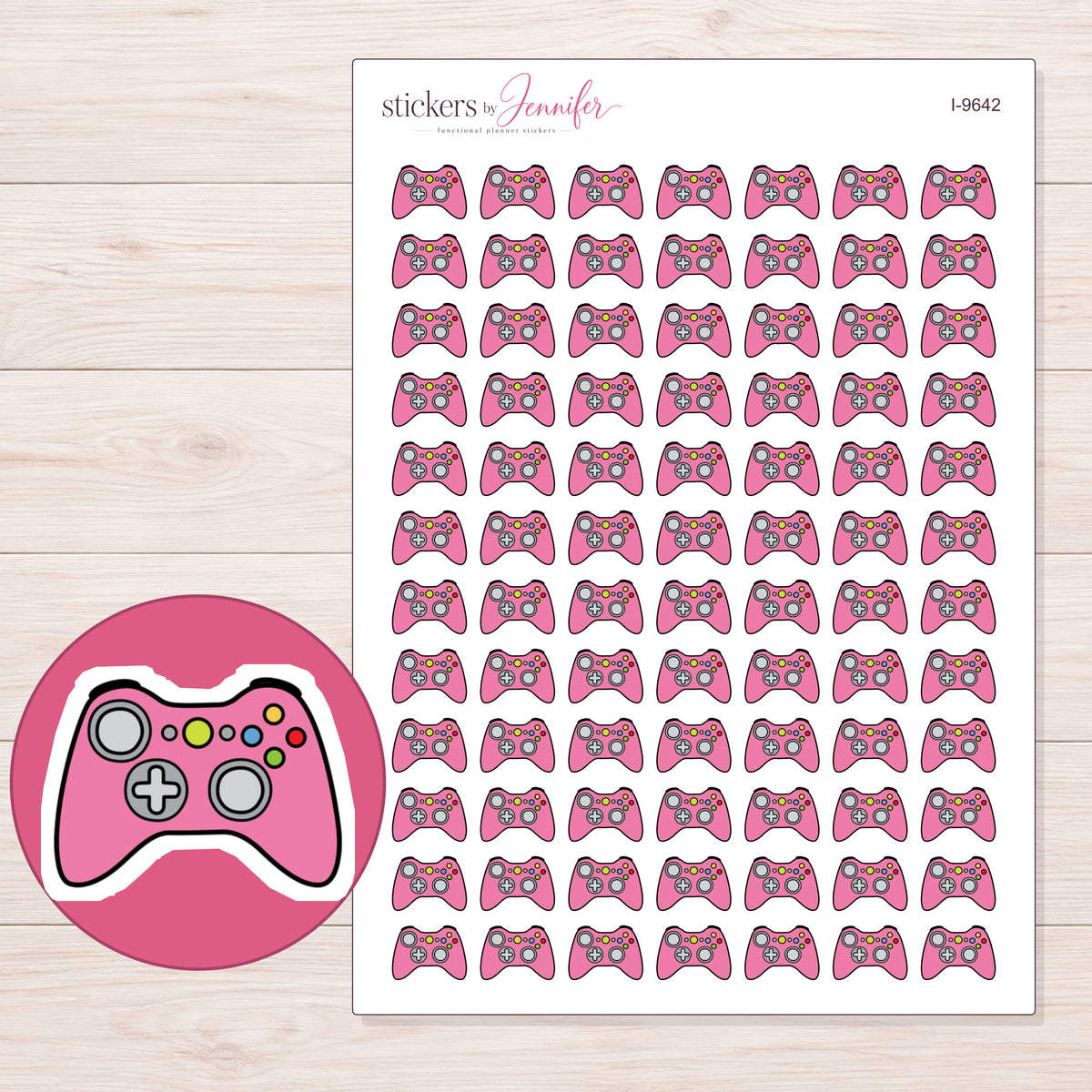 Pink Color Button Game Controller Planner Stickers | I-9642 — 5 × 7 inch sheet and enlarged sticker detail
