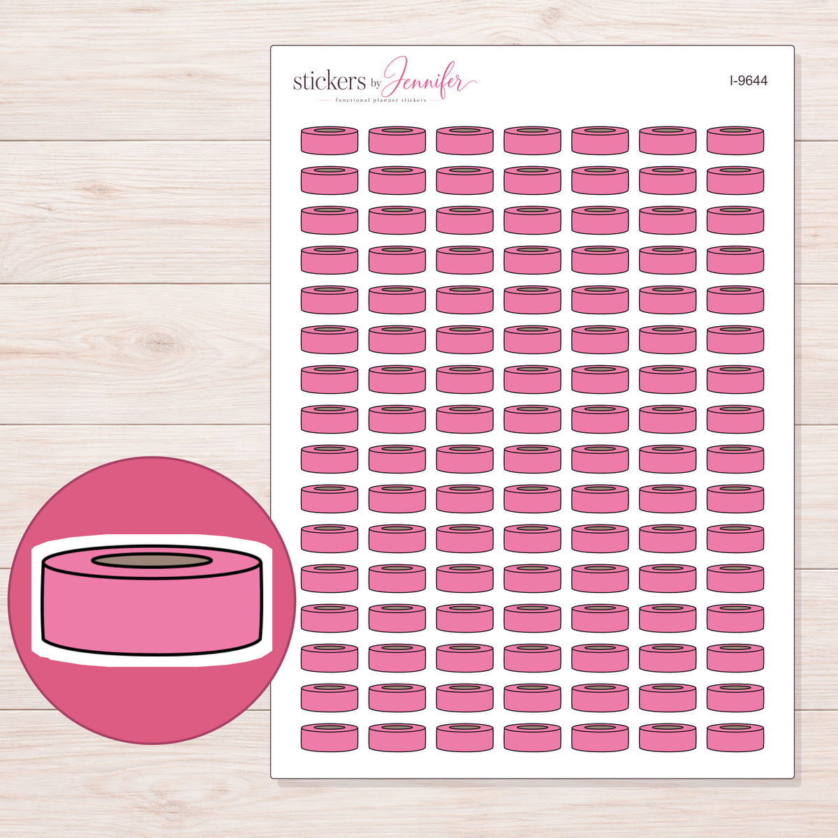 Simple Pink Washi Roll Planner Stickers | I-9644 — 5 × 7 inch sheet and enlarged sticker detail