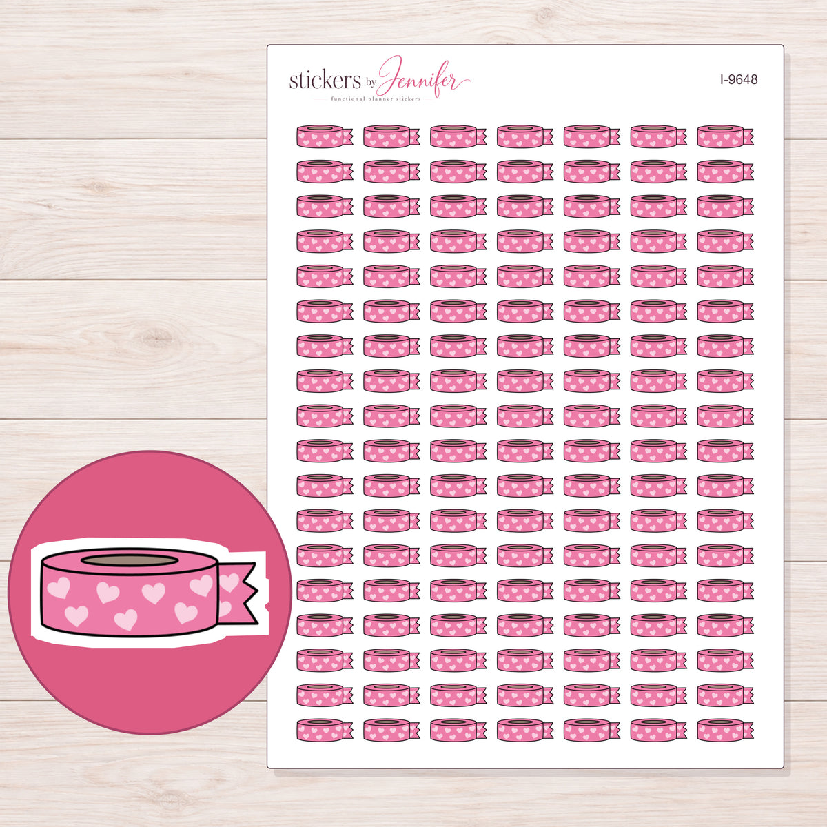 Pink Heart Washi with Loose End Planner Stickers | I-9648 — 5 × 7 inch sheet and enlarged sticker detail