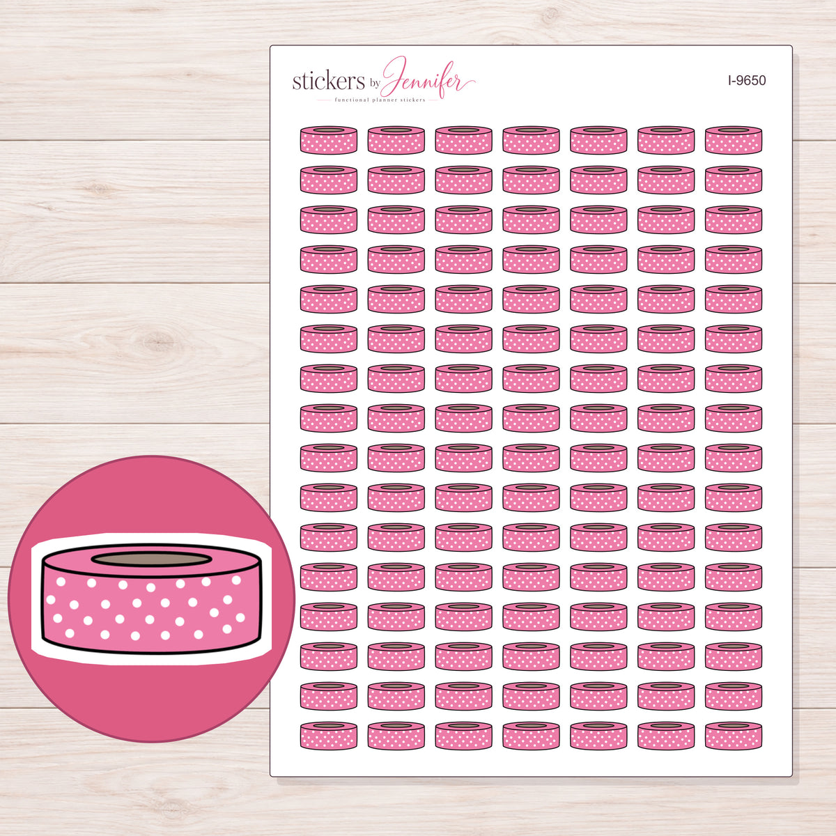 Pink Polka Dot Washi Roll Planner Stickers | I-9650 — 5 × 7 inch sheet and enlarged sticker detail