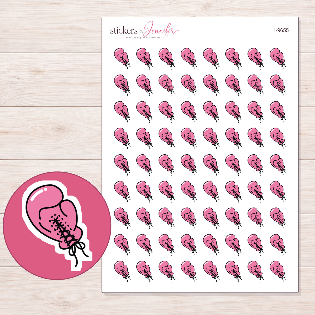 Pink Boxing Glove Planner Stickers | I-9655 — 5 × 7 inch sheet and enlarged sticker detail