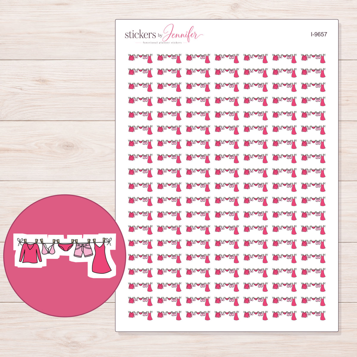 Pink Clothesline Planner Stickers | I-9657 — 5 × 7 inch sheet and enlarged sticker detail