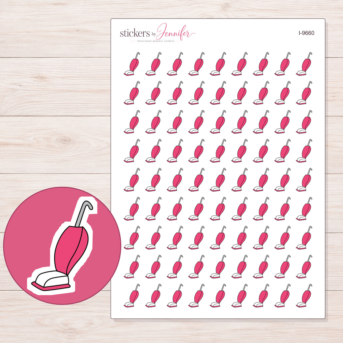 Pink Doodle Vacuum Planner Stickers | I-9660 — 5 × 7 inch sheet and enlarged sticker detail